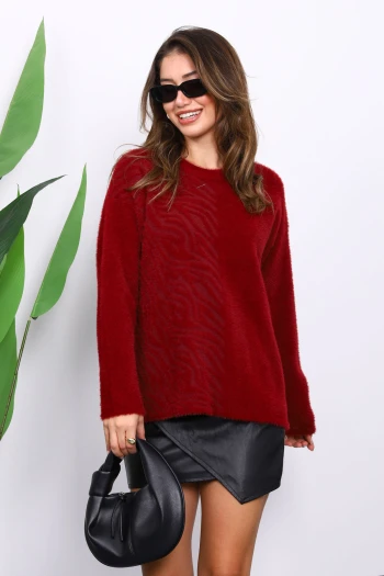 Bordo Bisiklet Yaka Angora Yumoş Triko Kazak