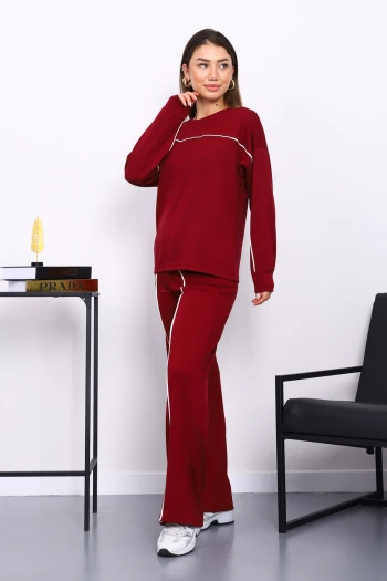 Bordo Biye Detaylı Sweat Pantolonlu Takım