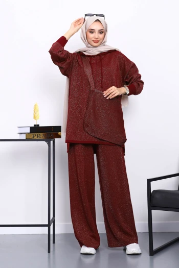 Bordo Çantalı Simli Tunik Pantolonlu Triko Takım
