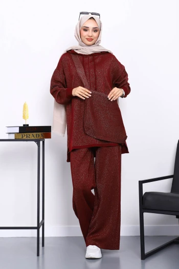 Bordo Çantalı Simli Tunik Pantolonlu Triko Takım