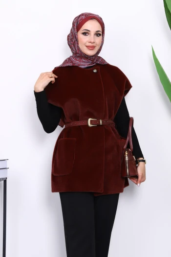 Bordo Cepli Kemerli Kaşe Yelek