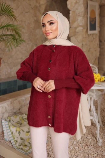 Bordo Dik Yaka Angora Yumoş Hırka