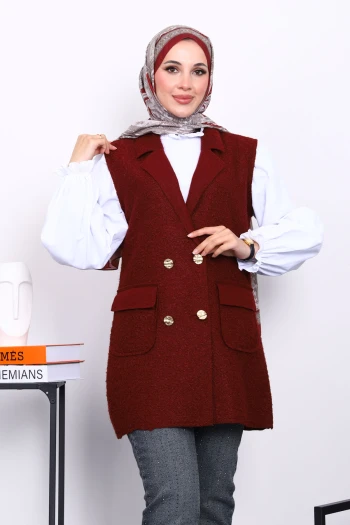 Bordo Düğmeli Buklet Yelek