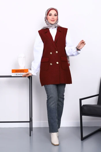 Bordo Düğmeli Buklet Yelek