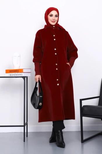 Bordo Düğmeli Kolları Triko Angora Kaban