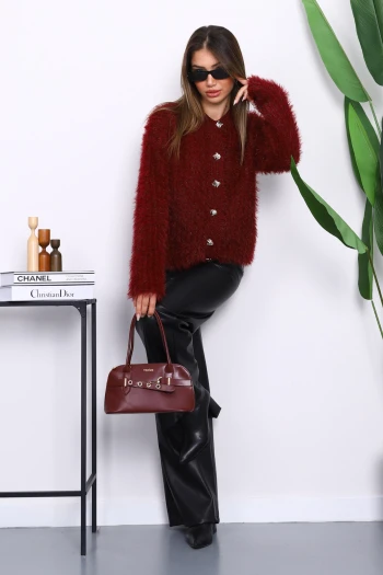 Bordo Düğmeli Simli Angora Yumoş Triko Hırka