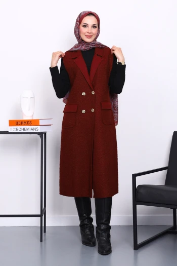 Bordo Düğmeli Uzun Buklet Yelek