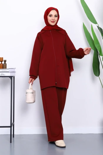 Bordo Fermuarlı Tunik Pantolonlu Takım