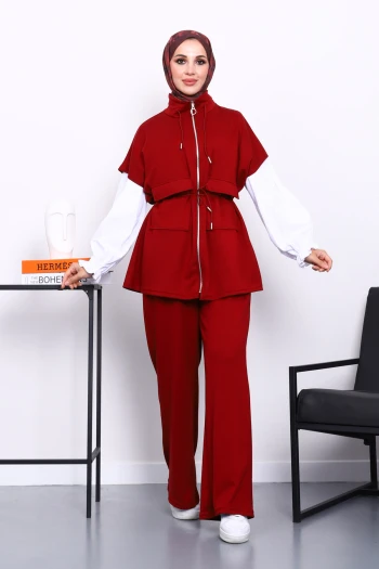 Bordo Fermuarlı Yelek Pantolonlu Modal Takım