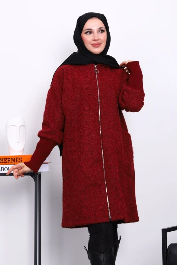 Bordo Fermuarlı Yün Kaşe Kaban