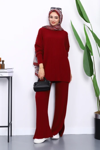 Bordo Fitilli Yumoş Tunik Pantolonlu Takım