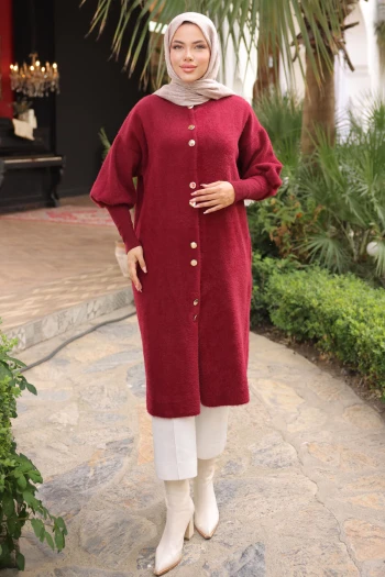 Bordo Hakim Yaka Angora Yumoş Hırka