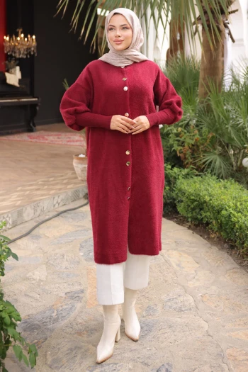 Bordo Hakim Yaka Angora Yumoş Hırka