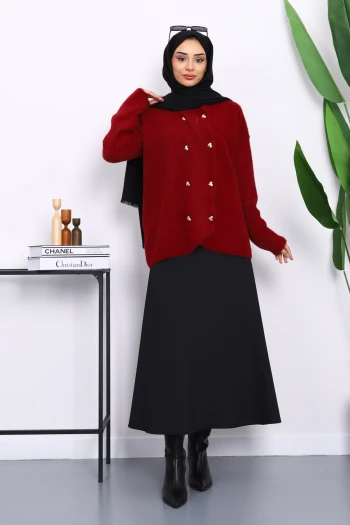 Bordo Kalp Düğme Detaylı Angora Yumoş Triko Hırka