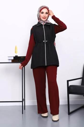 Bordo Kapitone Yelekli Tunik Pantolonlu Takım