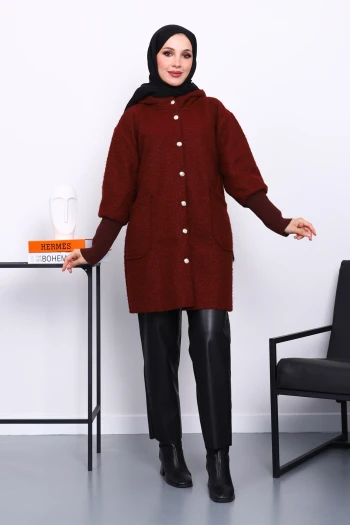 Bordo Kapşonlu Buklet Kaban
