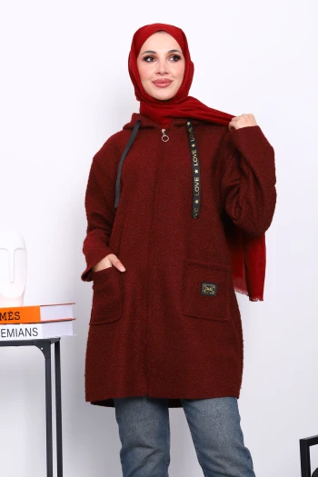 Bordo Kapşonlu Cepli Buklet Kaban
