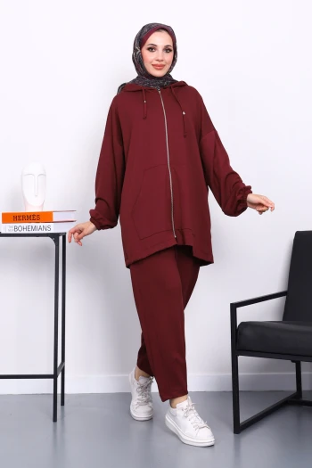 Bordo Kapşonlu Fermuarlı Tunik Pantolonlu Takım