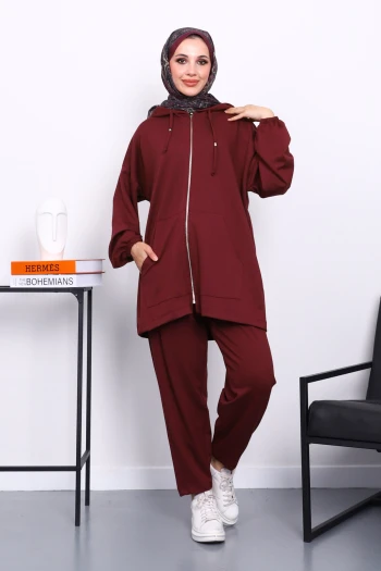 Bordo Kapşonlu Fermuarlı Tunik Pantolonlu Takım