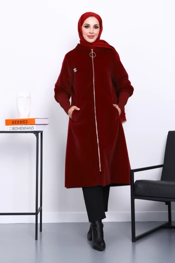 Bordo Kapüşonlu Kolları Triko Angora Kaban