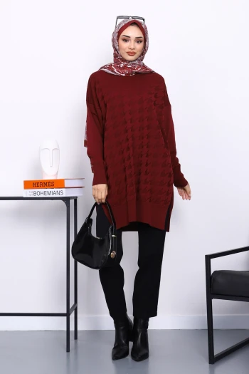 Bordo Kazayağı Desenli Soğuk İplik Triko Tunik