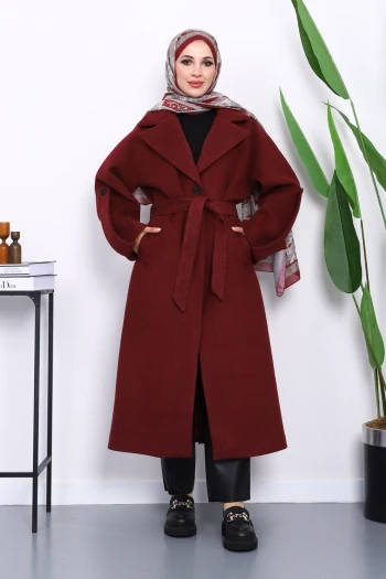 Bordo Kolu Apoletli Astarlı Kaşe Kaban