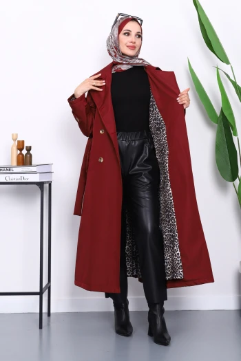 Bordo Kravuze Yaka Kuşaklı Astarlı Trençkot