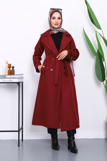 Bordo Kravuze Yaka Kuşaklı Astarlı Trençkot