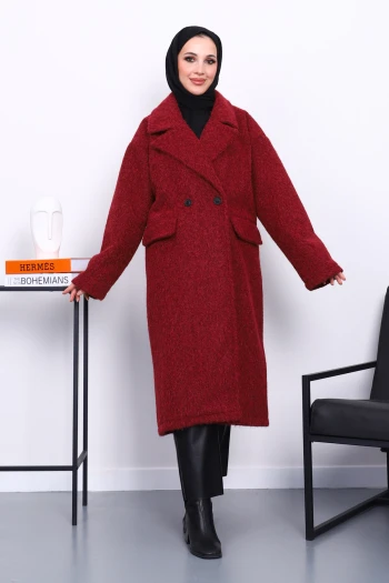 Bordo Kruvaze Yaka Astarlı Kaşe Kaban