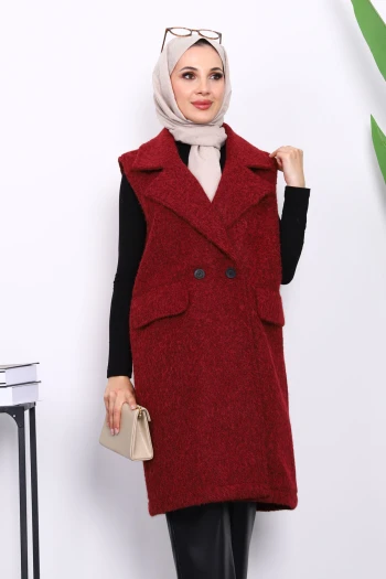Bordo Kruvaze Yaka Astarlı Kaşe Yelek