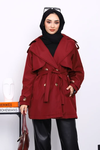 Bordo Kruvaze Yaka Astarlı Trençkot