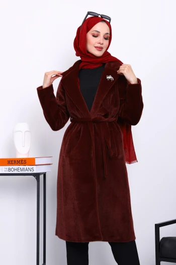 Bordo Kruvaze Yaka Cepli Angora Kaban