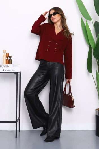 Bordo Kruvaze Yaka Düğmeli Triko Hırka