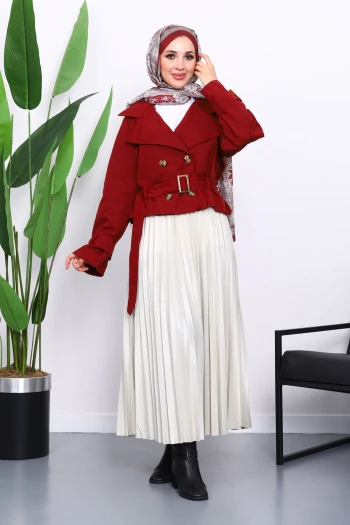 Bordo Kruvaze Yaka Kemerli Kısa Trençkot