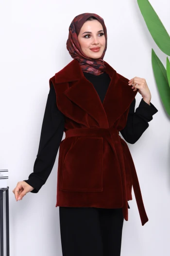 Bordo Kruvaze Yaka Kuşaklı Kaşe Yelek