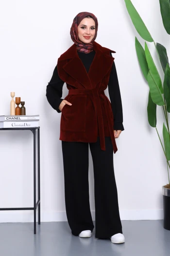 Bordo Kruvaze Yaka Kuşaklı Kaşe Yelek