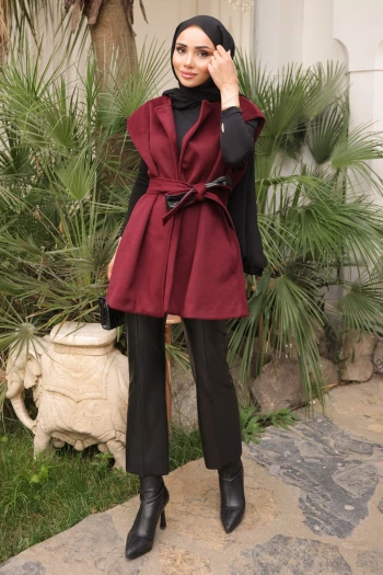 Bordo Kuşaklı Çift Cepli Kaşe Yelek