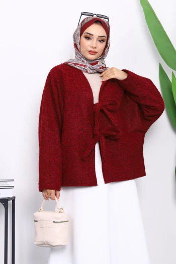 Bordo Önü Bağlamalı Keçe Kimono Ceket