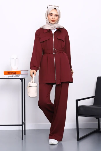 Bordo Sahte Cepli Bel Kuşaklı Modal Takım