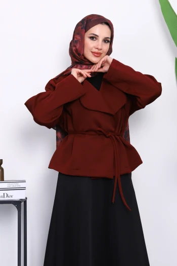 Bordo Şal Yaka Scuba Puf Kısa Ceket