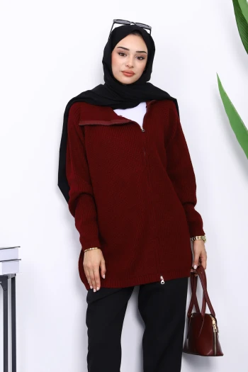 Bordo Selanik Örgülü Fermuarlı Triko Hırka