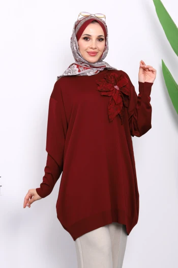 Bordo Soğuk İplik Çiçek Detaylı Triko Tunik