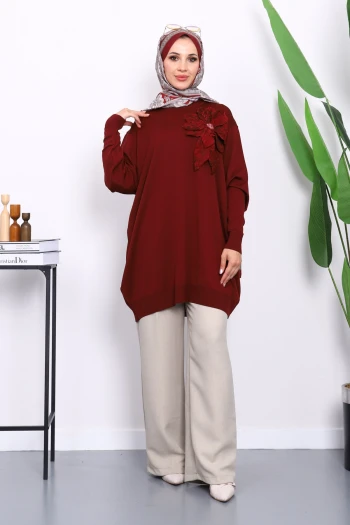 Bordo Soğuk İplik Çiçek Detaylı Triko Tunik