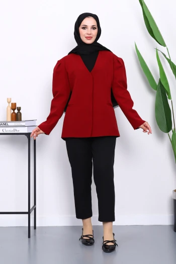 Bordo Vatkalı Düğmeli Ceket