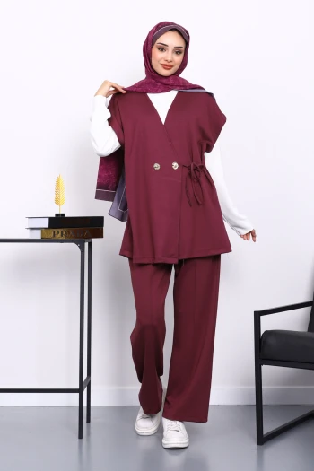 Bordo Yelekli Tunik Pantolon Üçlü Takım