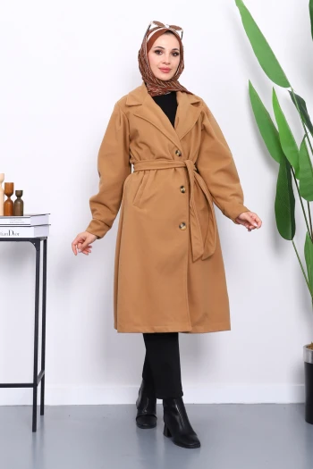 Camel Balon Kol Bel Kemerli Kaşe Kaban