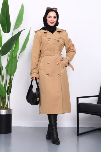 Camel Kruvaze Yaka Astarlı Trençkot