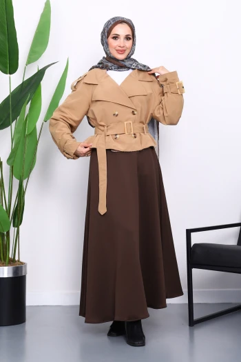 Camel Kruvaze Yaka Kemerli Kısa Trençkot