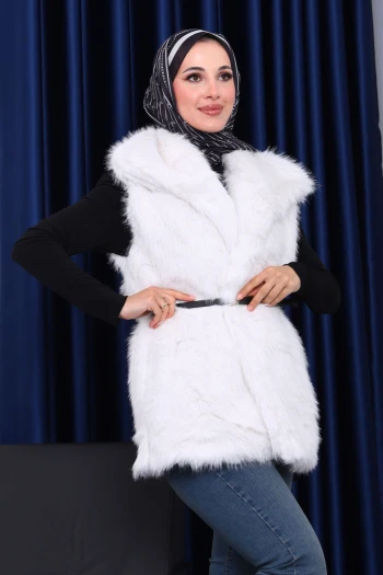 Ekru Astarlı Kemerli Kürk Yelek