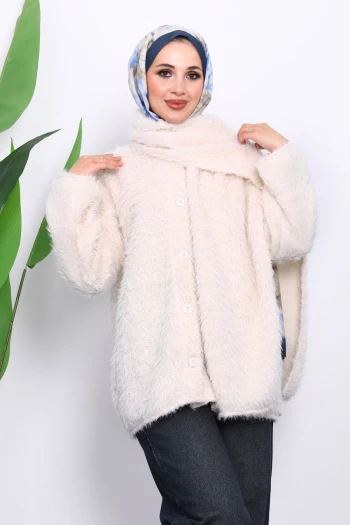 Ekru Atkılı Detaylı Düğmeli Angora Ceket